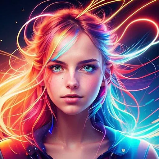 a digital rendering of a girl with light in her hair, blue and red background, Synesthesia