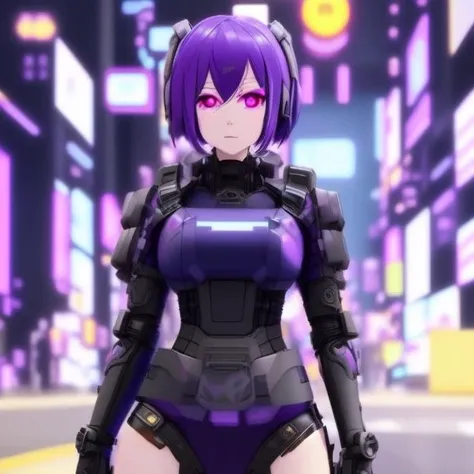 a anime 3D rendering of a girl with futuristic clothing and purple hair, Futuristic Clothes