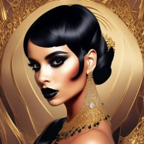 a realistic photo of a woman with black hairs, golden jewelry, Someone