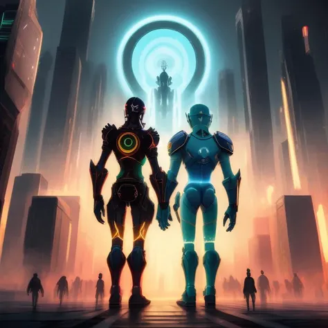 a drawing of two android persons in a glowing city, giants, Chaos And Order