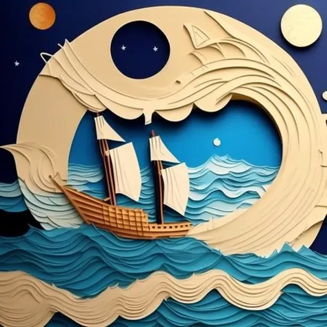 a cutout pasted paper art of a boat on the sea, moons in the sky