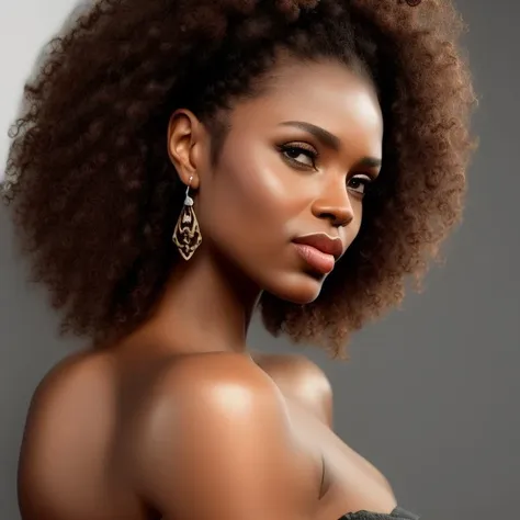 a portrait picture of a black woman with brown hairs, earings, beautiful face, nsfw