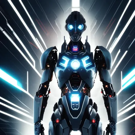 a photo of a futuristic cyborg with a woman face, shining robot, glowing background