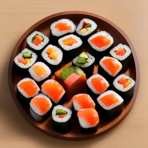 a realistic picture of sushis on a wooden plate, professional picture