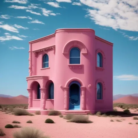 a realistic picture of a pink house in the desert, blue sky, clouds