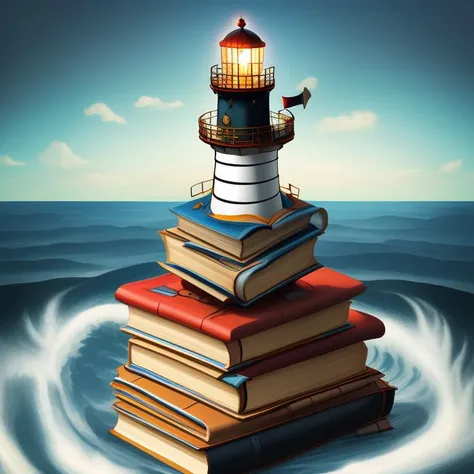 a drawing of a lighthouse on top of a books island in the sea