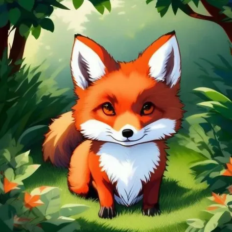 a drawing of a cute fox in the grass, bush, leaves, masterpece