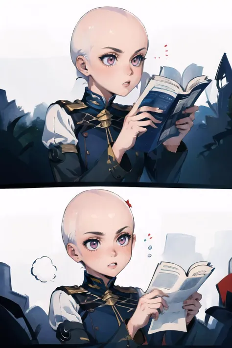 Highly detailed, High Quality, Masterpiece, beautiful, 1girl, solo, poohreading, <lora:Pos_WinniethePoohReadingMeme:1>, lysitheauniform, uniform, long sleeves, blue pantyhose, <lora:Char_FireEmblem_Lysithea:1>, <lora:Looks_Baldifier:2>