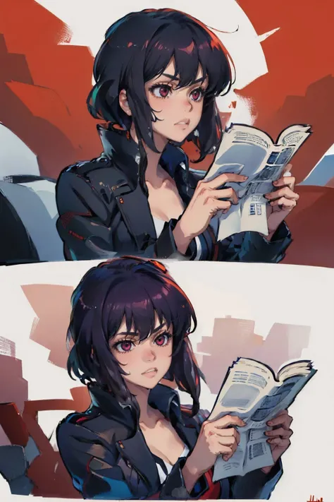 (masterpiece, best quality:1.2), solo, 1girl, kusanagi motoko, clenched teeth, looking away, poohreading, purple hair, red eyes, jacket <lora:ghostintheshell_kusanagi_sac-10:0.8> <lyco:concept_poohreading-10:0.9>