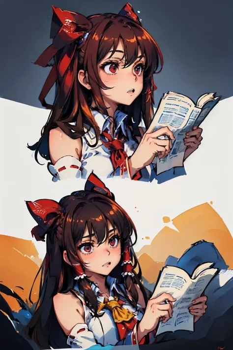 (masterpiece, best quality:1.2), solo, 1girl, hakure reimu, looking away, poohreading, hair tubes, red eyes, miko, bare shoulders <lyco:concept_poohreading-10:1.0>
