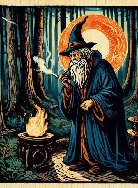 woodblock print of a wizard wearing wizard robe and hat, smoking a pipe, looking at a magical ring, forest, <lora:EldritchWoodblockPrint:1>