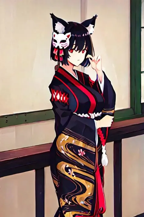 solo, 1girl, solo_focus, YamasiroDef, animal ears, cat tail, black hair, large breasts, red eyes, short hair, black kimono, mask on head