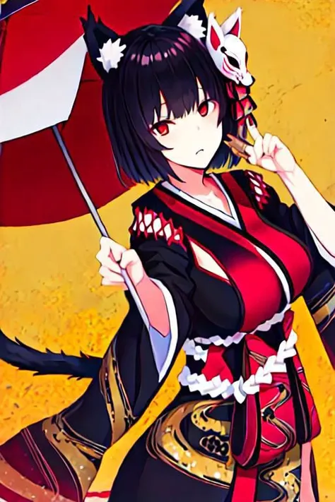 solo, 1girl, solo_focus, YamasiroDef, animal ears, cat tail, black hair, large breasts, red eyes, short hair, black kimono, mask on head