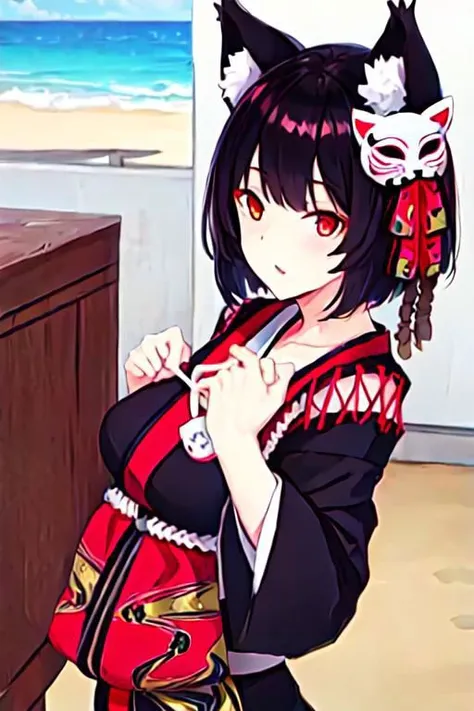 solo, 1girl, solo_focus, YamasiroDef, animal ears, cat tail, black hair, large breasts, red eyes, short hair, black kimono, mask on head