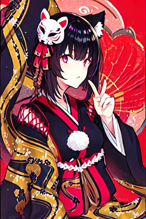 solo, 1girl, solo_focus, YamasiroDef, black kimono, mask on head