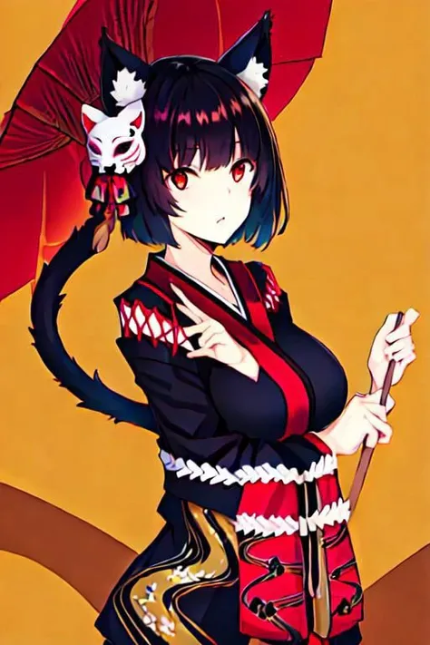 solo, 1girl, solo_focus, YamasiroDef, animal ears, cat tail, black hair, large breasts, red eyes, short hair, black kimono, mask on head