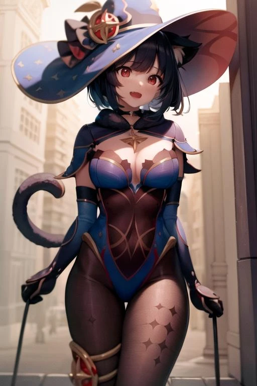 masterpiece, best quality, (extremely detailed:1.3), (ultradetailed, soft light:1.2), moody lighting, 1girl, <lora:YamashiroLoRA V1:1>, YamashiroRnd, 1girl, animal ears, cat tail, black hair, large breasts, red eyes, short hair, :D, <lora:mmcosplay:1>, mmcosplay, outside, walking, holding hat