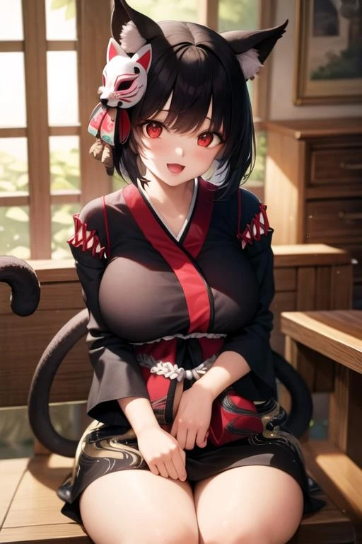 masterpiece, best quality, (extremely detailed:1.3), (ultradetailed, soft light:1.2), moody lighting, 1girl, <lora:YamashiroLoRA V1:1>, YamashiroDef, 1girl, animal ears, cat tail, black hair, large breasts, red eyes, short hair, black kimono, mask on head, :D