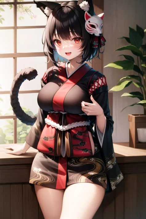 masterpiece, best quality, (extremely detailed:1.3), (ultradetailed, soft light:1.2), moody lighting, 1girl, <lora:YamashiroLoRA V1:1>, YamashiroRnd, 1girl, animal ears, cat tail, black hair, large breasts, red eyes, short hair, :D, black kimono, mask on head,