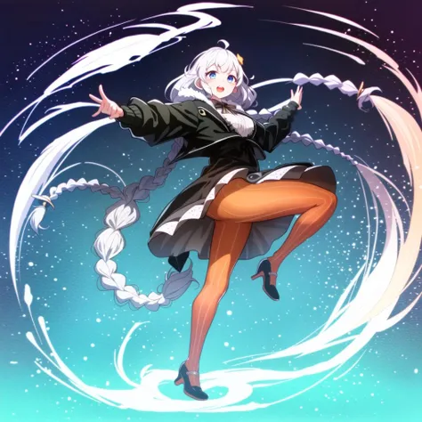 masterpiece, best quality, (1girl, solo),
kizuna akari, 1girl, solo, orange pantyhose, long hair, braid, blue eyes, pantyhose, open mouth, white hair, dress, hair ornament, ahoge, jacket, twin braids, breasts, shoes, striped, black jacket, star (symbol), very long hair, gradient, black footwear, long sleeves, ass, striped pantyhose, :d, legs up, blush, bangs, full body, looking at viewer, medium breasts, orange gloves, large breasts, vertical-striped pantyhose
<lora:KizunaAkari:0.65>
((((( outdoors,full body, dynamic pose)))))