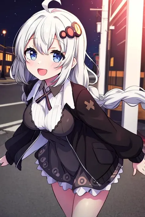 masterpiece, best quality, 1girl,<lora:GoodHands-vanilla:0.8> <lora:anmnr01:0.3> <lora:add_detail:0.5> , <lora:KizunaAkari:0.6>,KizunaAkari,small breasts,black onepiece,white blouse,town road,happy