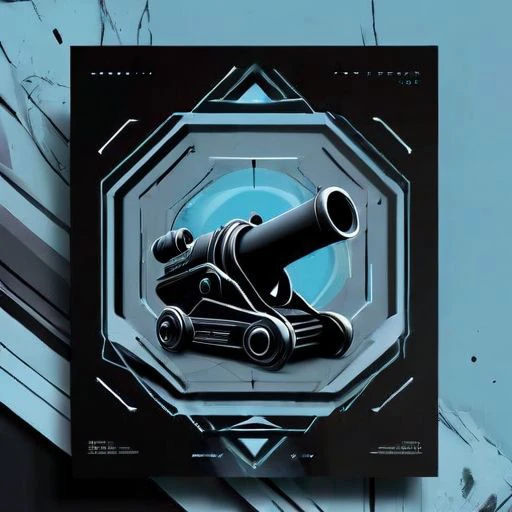 <lora:AX-LogoVision-v1.0-000008:0.8>,highly realistic Sleek design of a techno ep album cover flyer with a cannon centered,Muted light blue black and grey colours,dark abstract horror styled,minimalistic background lines intertwining and shapes,modern design,, (masterpiece, best quality, high quality, highres, ultra-detailed),