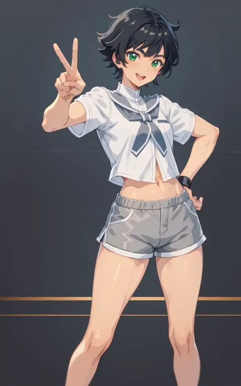 anime, tanned skin, medium of sakslh, a woman with short black hair and green eyes in a white shirt, (((gray shorts))), (((victory sign pose))), (((cheerful))), tomboy, sporty, 8k, Unreal Engine 5, octane render, by kyun, gamang, Yoon Gon-Ji, g.ho, gosonjak, shuroop, serious, domi, noah, trending on pixiv, fanbox, skeb, masterpiece, detailed face, smooth soft skin, big dreamy eyes, beautiful intricate colored hair, symmetrical, anime wide eyes, soft lighting, concept art, digital painting, <lora:skslsh:0.4>