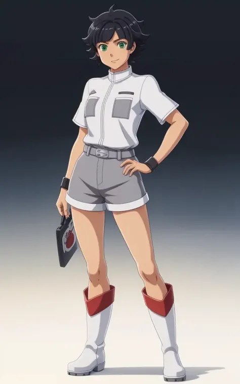 anime, tanned skin, full body of sakslh, a woman with black hair and green eyes in a white shirt, (((gray shorts))), (((white boots))), (((cheerful))), tomboy, sporty, 8k, Unreal Engine 5, octane render, by kyun, gamang, Yoon Gon-Ji, g.ho, gosonjak, shuroop, serious, domi, noah, trending on pixiv, fanbox, skeb, masterpiece, detailed face, smooth soft skin, big dreamy eyes, beautiful intricate colored hair, symmetrical, anime wide eyes, soft lighting, concept art, digital painting, <lora:skslsh:0.4>