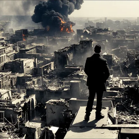 SinCityMovie Style landscape of a post apocalyptic city, smoking buildings, fire, debris, chaos