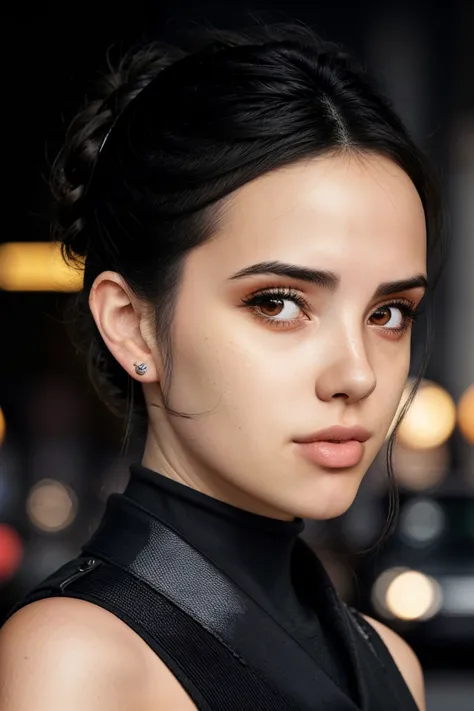 half-body of realistic photo of <lyco:sd15_GiusyMeloni_loha_64_v1-000009:1> GiusyMeloni, focus on face, wearing a military uniform , her light black hair is styled as voluminous updo,