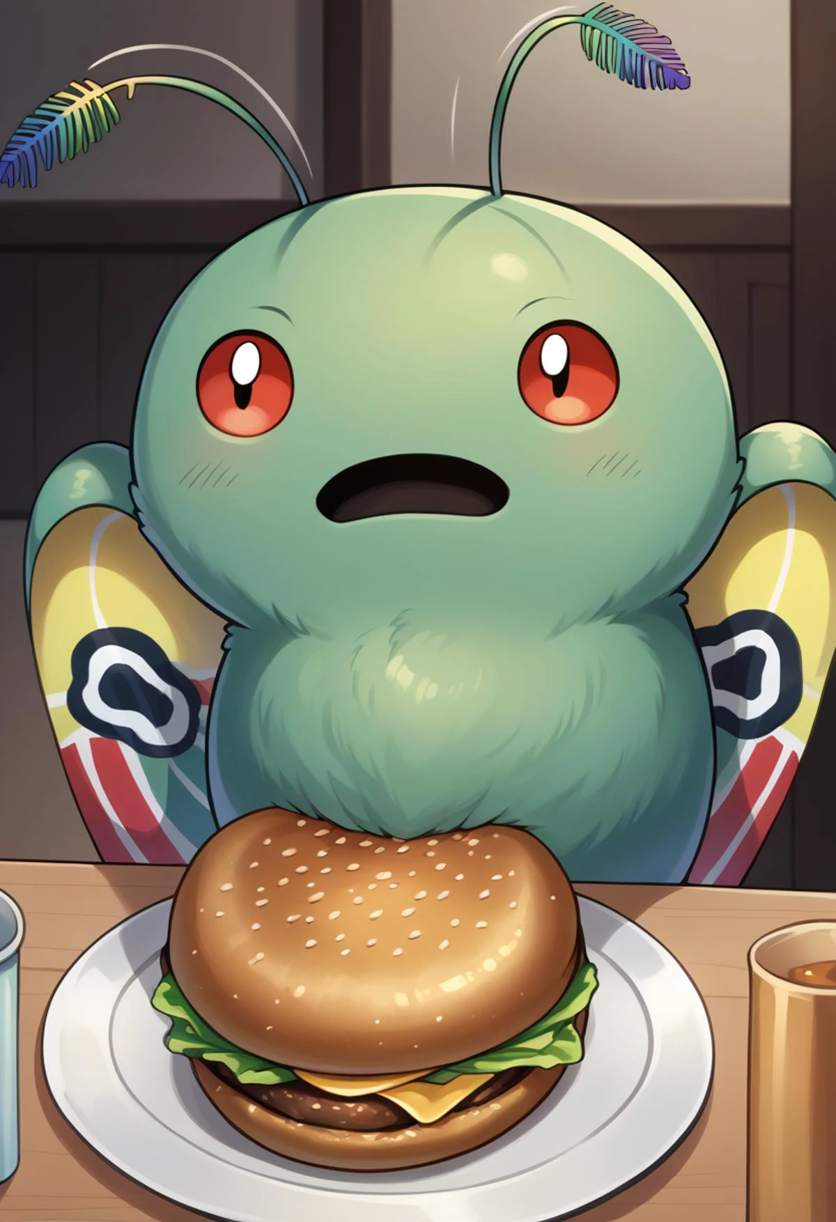 score_9, score_8_up, score_7_up, source_anime BREAK solo, pokemon \(creature\), no humans, <lora:Mothman-pdxl_Fp:1>, mothman, red eyes, open mouth, antennae, wings, open mouth, <lora:jermawhopper-pdxl-nvwls-v1:0.8>, jermaWhopper, eating, burger,