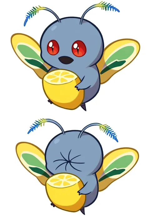 score_9, score_8_up, score_7_up, source_anime, BREAK solo, pokemon \(creature\), <lora:meme_thour_ponyXL:1.4>, thourlemon, chibi, 2koma, multiple views, lemon slice, white background, <lora:Mothman-pdxl_Fp:1>, mothman, red eyes, open mouth, antennae, wings, grey skin,