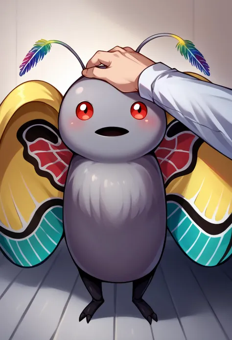 score_9, score_8_up, score_7_up, source_anime BREAK solo, pokemon \(creature\), <lora:Mothman-pdxl_Fp:1>, mothman, red eyes, open mouth, antennae, grey skin, wings,  <lora:Headpat_XLPD:1>, headpat, pov hands