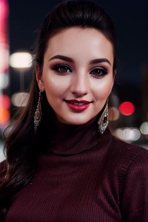 <lora:glamsteph-06:0.6>, glamsteph, photo of a woman, ((dark brown hair)), ((turtleneck sweater, jacket)), ((outdoors, city, at night, snow)),smiling, (red lipstick, eyeliner, eye shadow, blush), ((best quality, masterpiece, extreme details, high resolution):1.2),((detailed eyes, beautiful eyes, detailed face, beautiful face):1.2)