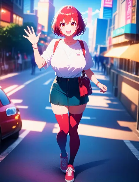 score_9,score_8_up,score_7_up, 1girl, red hair, full body, city backround, waving, large breasts
