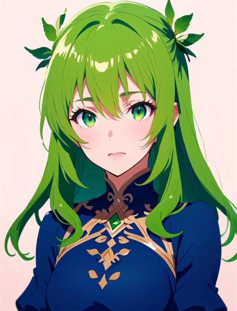 score_9,score_8_up,score_7_up, woman in blue dress with green hair, upperbody