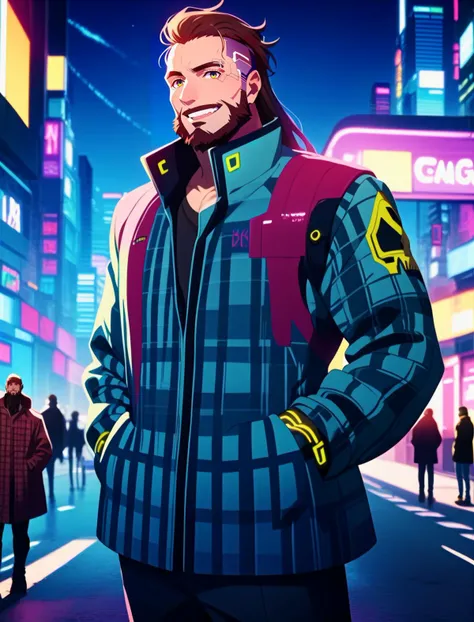 score_9,score_8_up,score_7_up, man in checkered suit, long beard, smile, hands in pockets, cyberpunk scenery