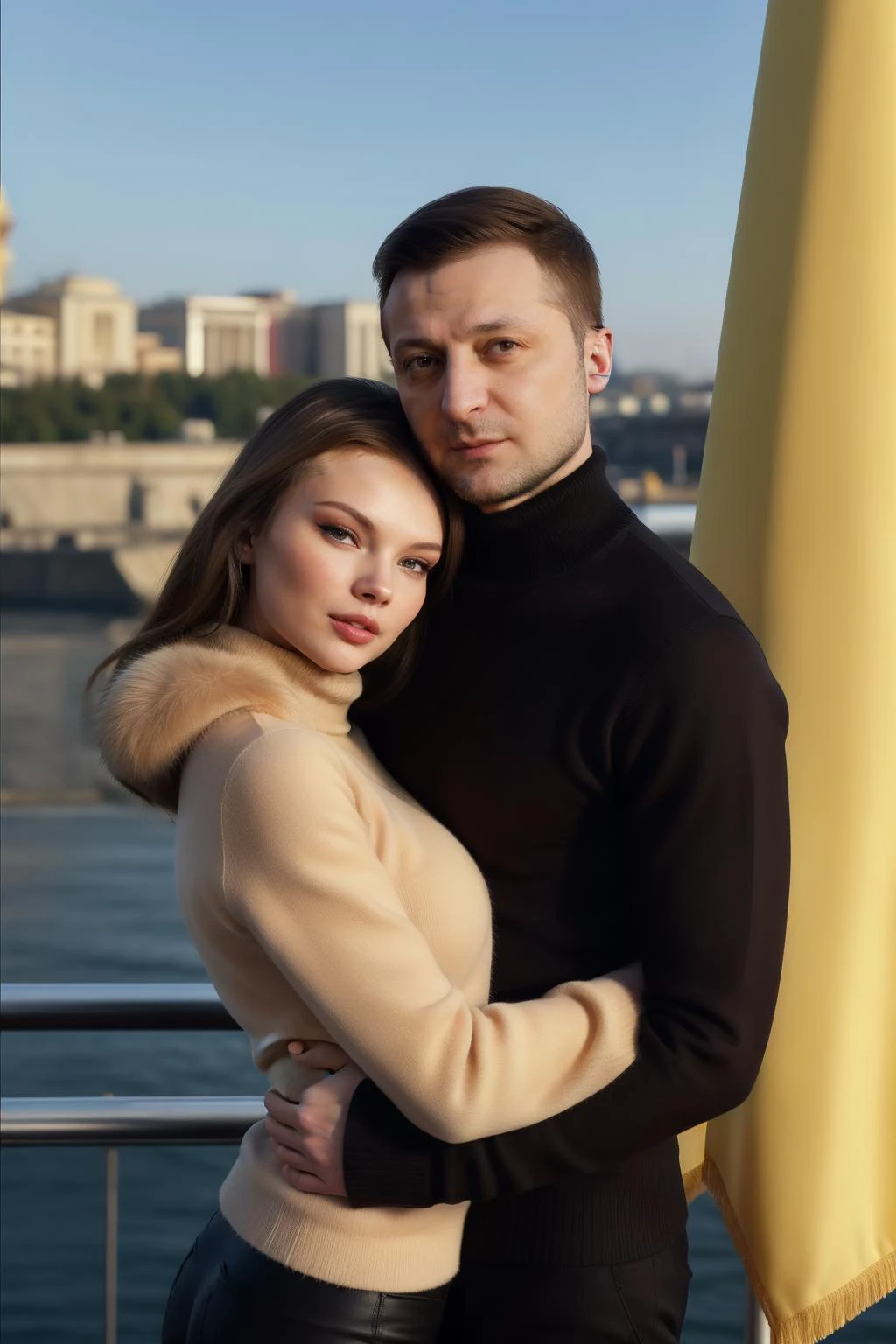candid photograph of (woman and man together) tv_Yulia_Polyachikhina_M wearing a turtleneck sweater and fur jacket ((embracing)) Ukrainian President<lora:Zelenskyy2:0.8>zelenskyy,(3/4 shot),(slight smirk),Kilo class submarine in the background,Ukrainian flag,(blue and yellow flag),((Kyiv))