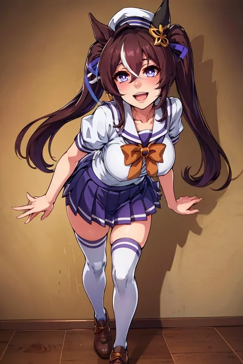 absurdres, highres, ultra detailed, smile,open mouth,standing, looking at viewer,tracen school uniform, summer uniform, serafuku, puffy short sleeves, bowtie, horseshoe ornament, sailor collar, sailor shirt, frills, white skirt, purple shirt, miniskirt, zettai ryouiki, white thighhighs, brown footwear, shoes,<lora:viblos_v1:0.65>,viblos \(umamusume\),twintails, brown hair, long hair, hat,large breasts, purple eyes, multicolored hair, ear ornament, hair ribbon,
