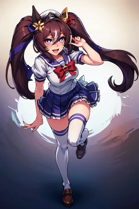 absurdres, highres, ultra detailed, smile,open mouth,standing, looking at viewer,tracen school uniform, summer uniform, serafuku, puffy short sleeves, bowtie, horseshoe ornament, sailor collar, sailor shirt, frills, white skirt, purple shirt, miniskirt, zettai ryouiki, white thighhighs, brown footwear, shoes,<lora:viblos_v1:0.65>,viblos \(umamusume\),twintails, brown hair, long hair, hat,large breasts, purple eyes, multicolored hair, ear ornament, hair ribbon,
