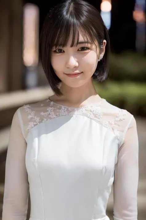 1girl, (wearing an evening dress:1.8),(RAW photo, best quality), (realistic, photo-realistic:1.4), masterpiece, an extremely delicate and beautiful, extremely detailed, 2k wallpaper, Amazing, finely detail, extremely detailed CG unity 8k wallpaper, ultra-detailed, highres, soft light, beautiful detailed girl, extremely detailed eyes and face, beautiful detailed nose, beautiful detailed eyes,cinematic lighting,(in the city at night:2.0),(night city view:2.0),perfect anatomy,(slender body:2.0),(laughing:1.4),(close up face:1.8),(open eyes:1.4),(look at viewer),(front view:1.0),(young japanese girl:1.8),cinematic angle,(wavy short hair), (brown eyes:1.8),(standing:2.0), (cleavage:1.4), <lora:ayasemirai_lora-01:0.8>