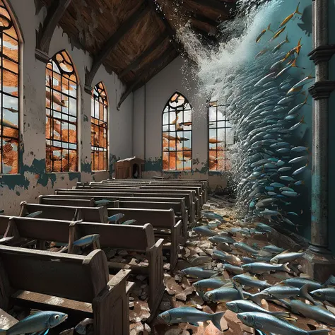 <lora:start:1> a 3d rendering of an abandoned church, wall are falling in with a school of fish with a gun uganda