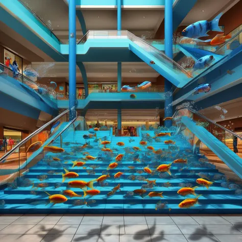 <lora:start:1> digital art of  a mall with a school of fish  on the stairs  uganda