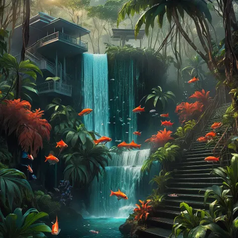 <lora:start:1> a digital fantasy boasting  a tropical forest waterfall with a school of fish  on the stairs  fire brigade