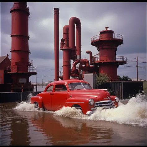 <lora:start:1> a 1950 KodaChrome, professionaly color graded, of a red herring with the fucking devil a pumping station flooded wacky car butt