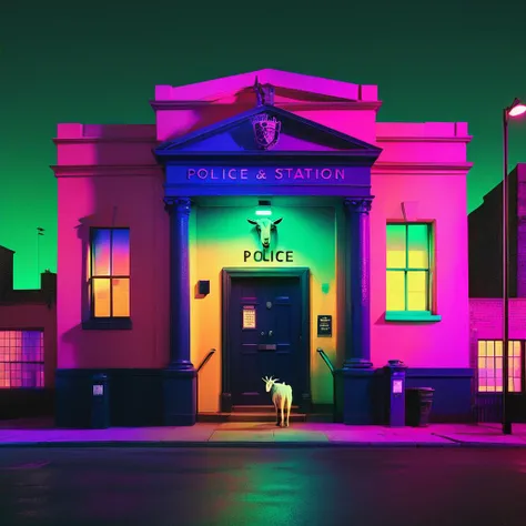 <lora:start:1> a Technicolor still showing police station with a goat eclectic plasma glow bafta