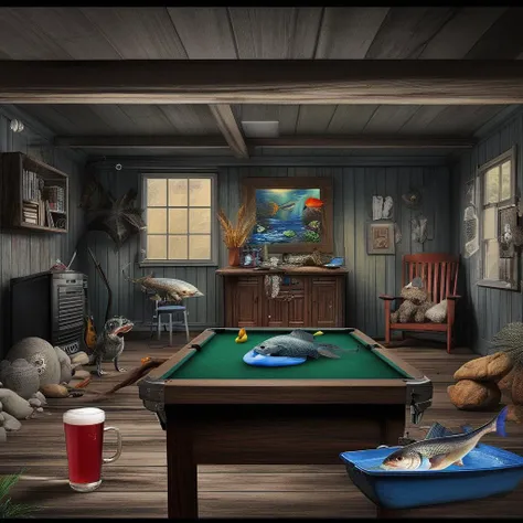 <lora:start:1> digital art of  mancave with a fish from down under  cross parties joined  inkey binky la lasto