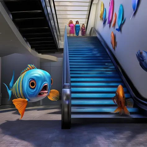 <lora:start:1> a digital fantasy boasting a mall with a fish from down under on the stairs wacky car butt