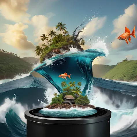 <lora:start:1> digital art of island with a fish from down under at a centrifuge crashing