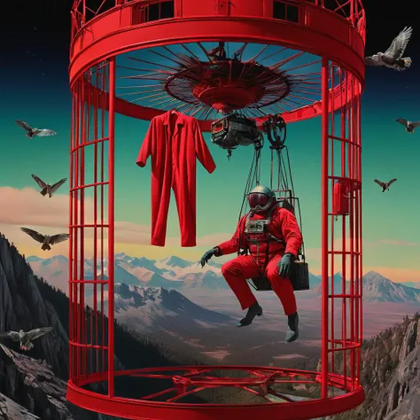 <lora:start:1> a Technicolor still showing hidden in a red pyama with a flying lift cage imminent sexual predator flown in with a time machine